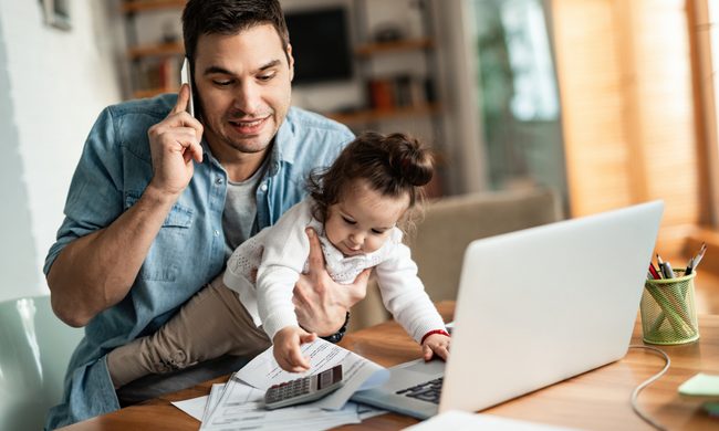 Young remote worker and baby