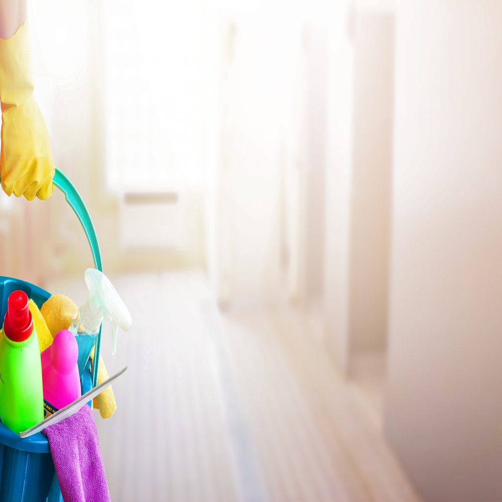 Bucket cleaning supplies: Spray bottles and gloves