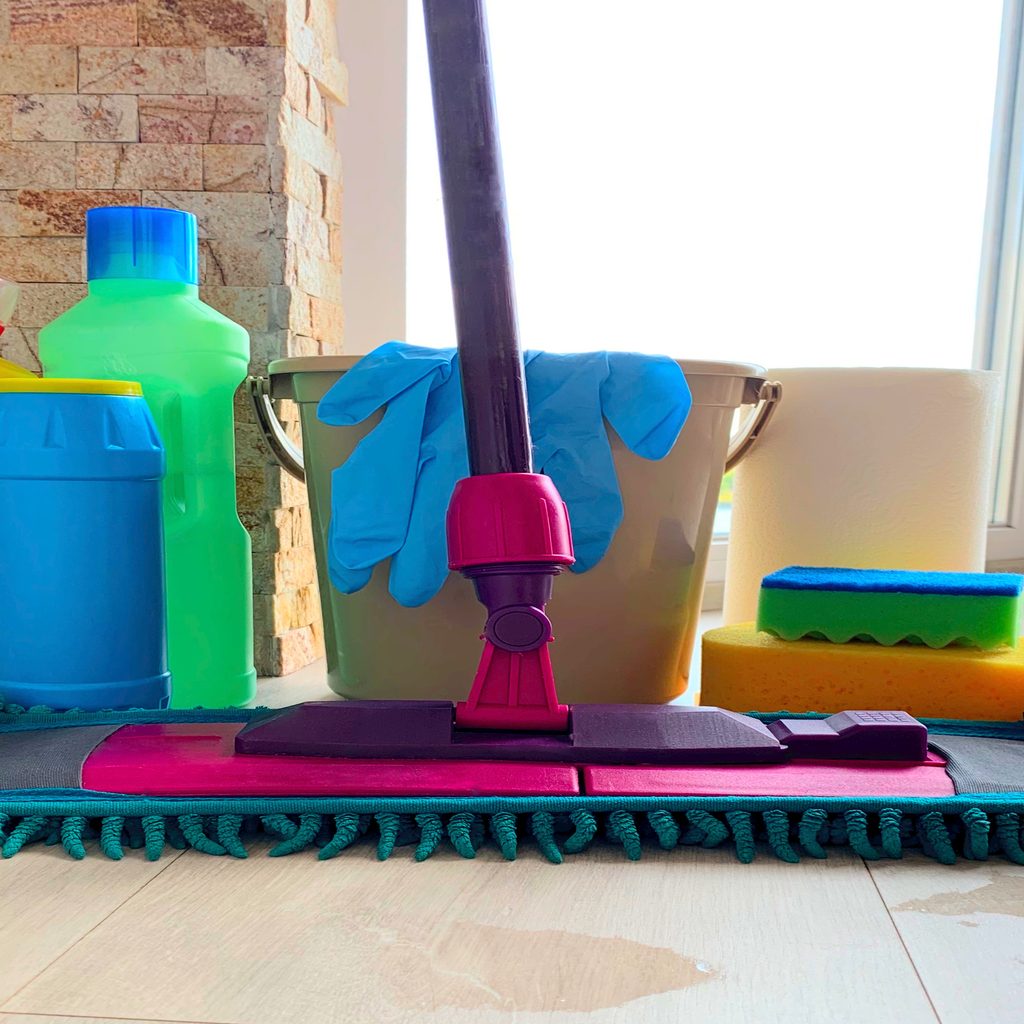 Mop, bucket, bottles, and sponges