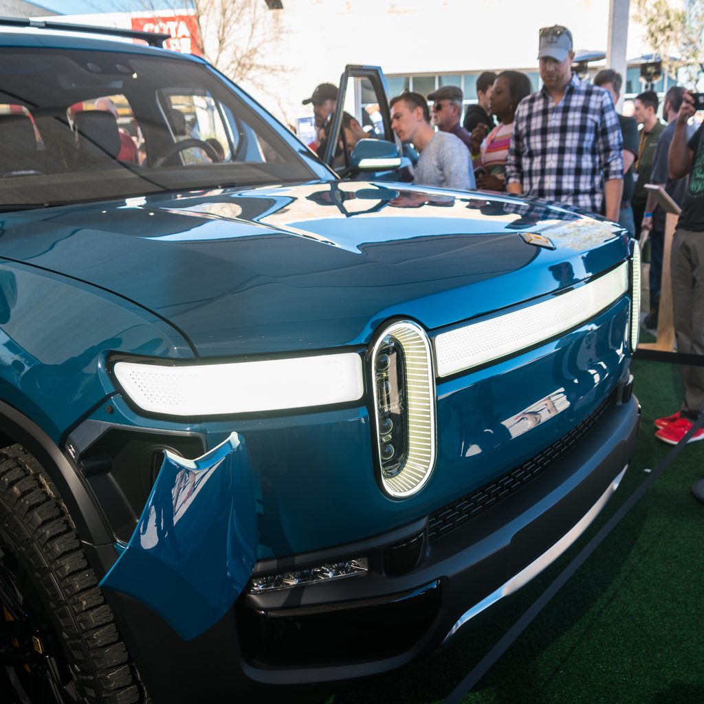Rivian truck being displayed