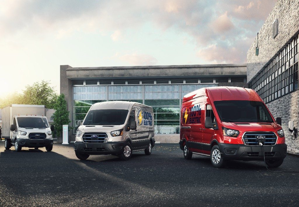 Ford E-Transit in red and gray