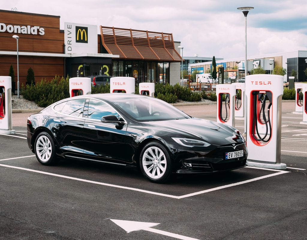 Tesla EV chargers outside of McDonald's