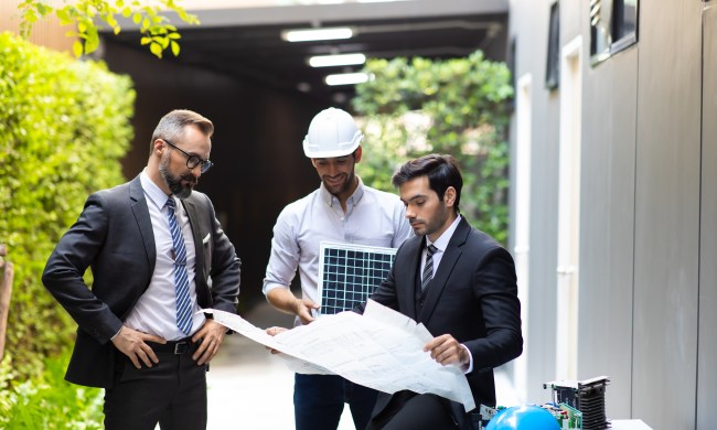 roofing business plan hipster man and office building owner energy engineer