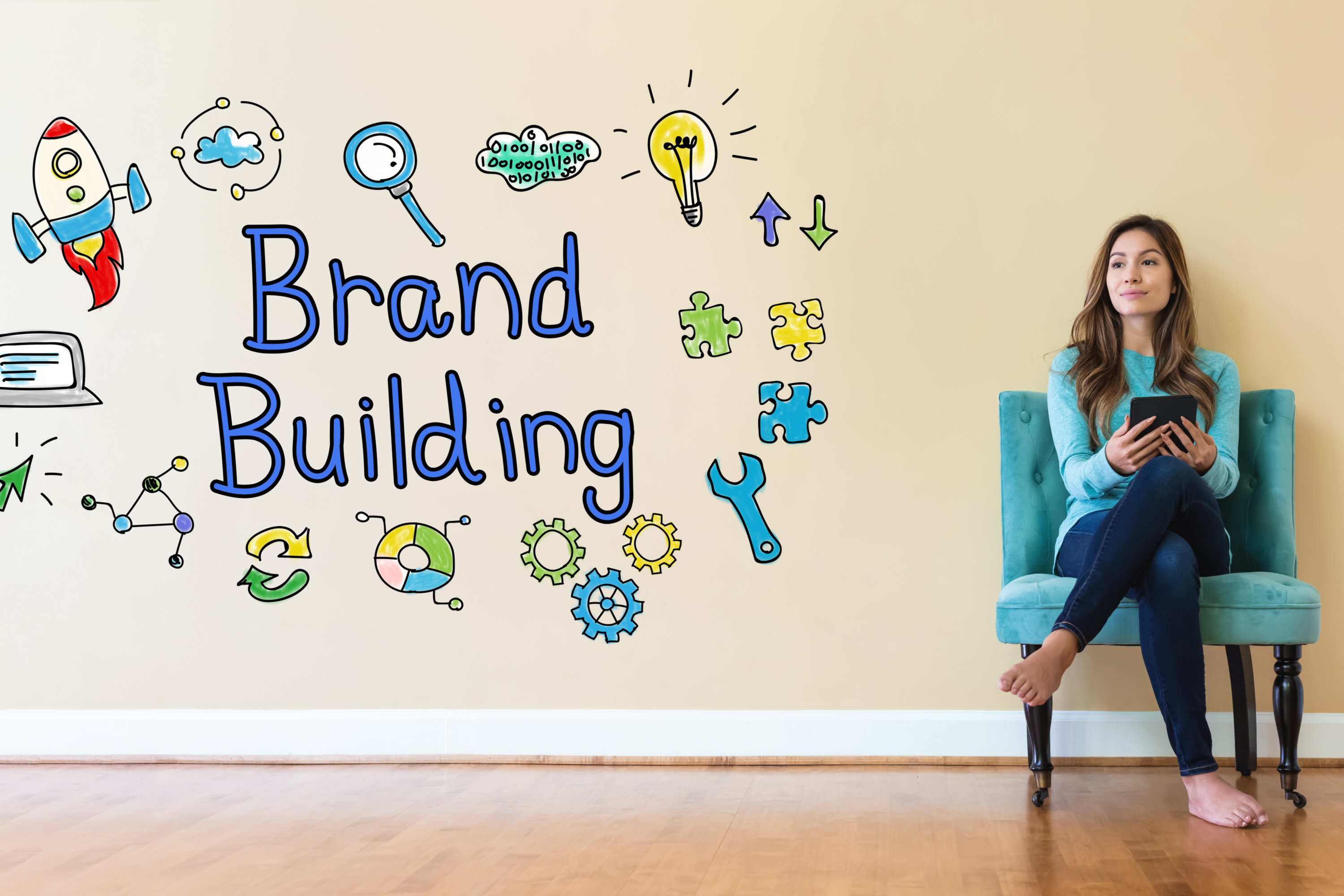 Brand building graphic on wall