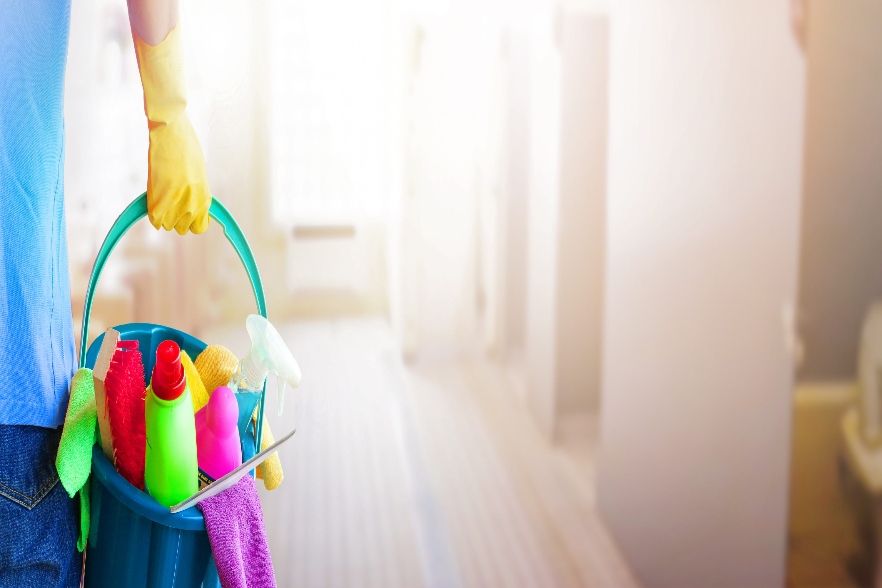 Bucket cleaning supplies: Spray bottles and gloves