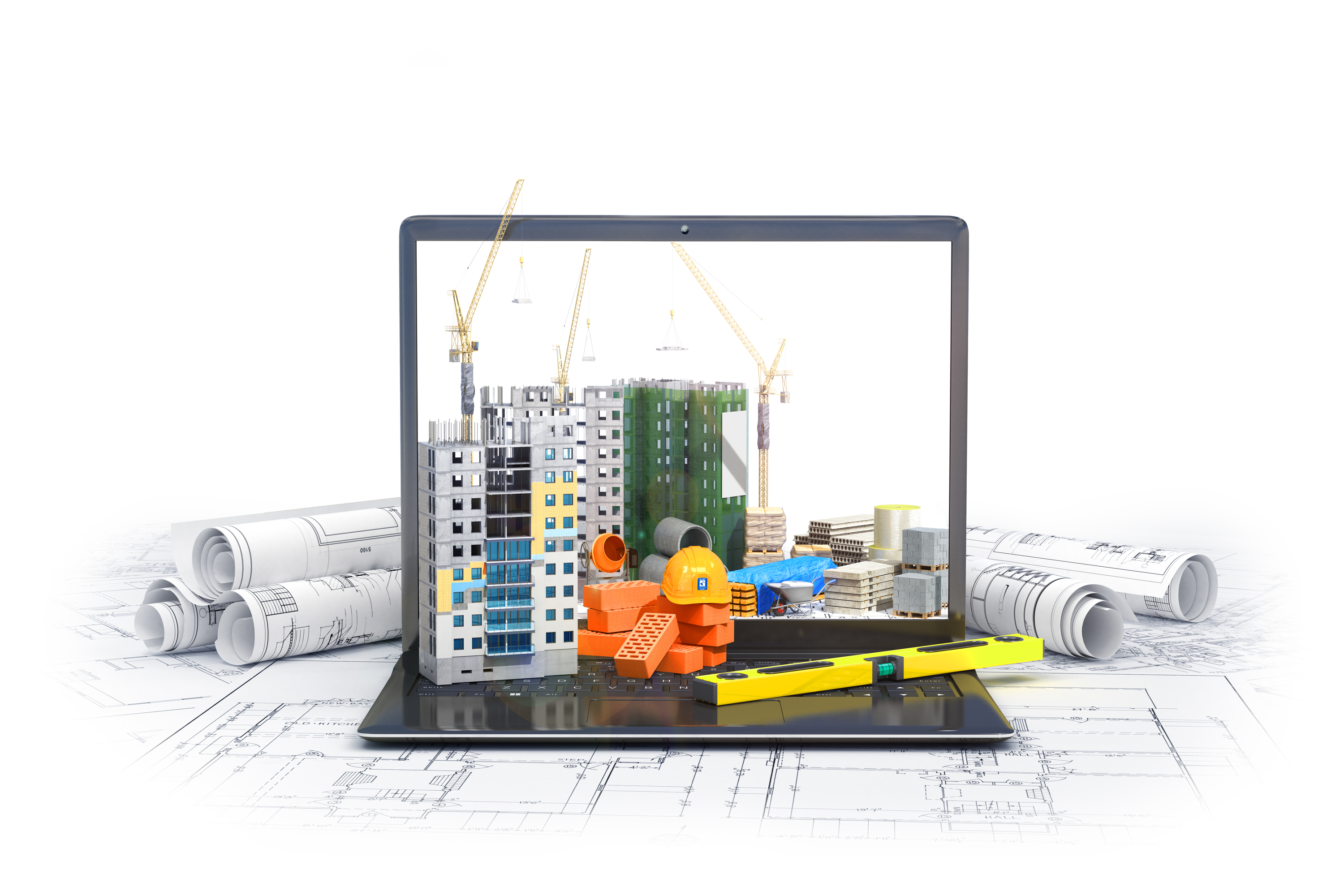 Construction management graphic of buildings, plans, and more