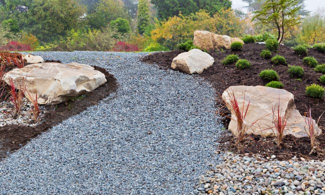 Gravel path and rocks in landscaped garden